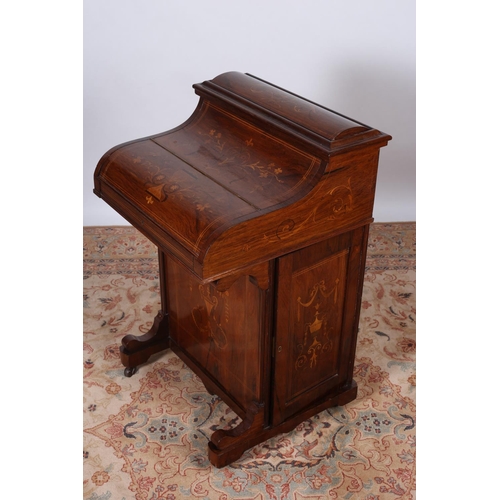 23 - A GOOD 19TH CENTURY ROSEWOOD AND MARQUETRY POP UP DAVENPORT the superstructure with hinged compartme... 