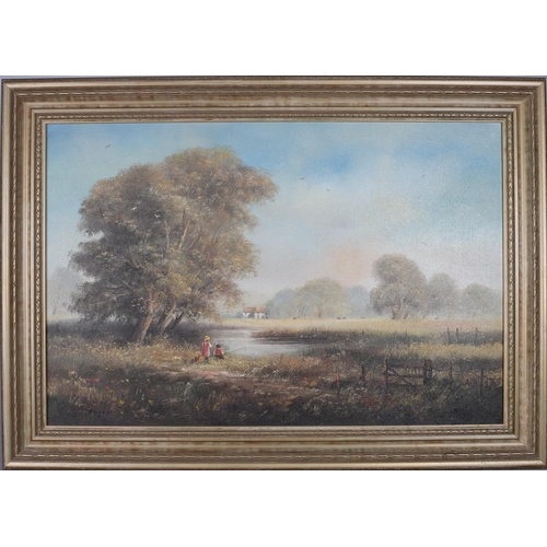 580 - CONTINENTAL SCHOOL LANDSCAPE WITH FIGURES FISHING BY A POOL Oil on canvas indistinctly signed lower ... 