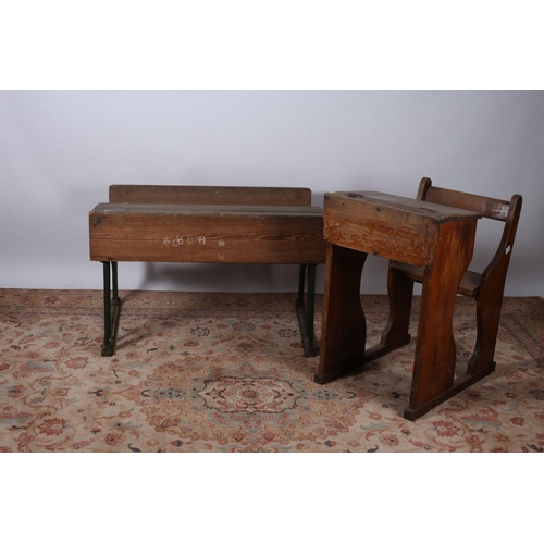 587 - TWO VINTAGE PITCH PINE SCHOOL DESKS larger 65cm (h) x 102cm (w) x 69cm (d) smaller 80cm (h) x 51cm (... 