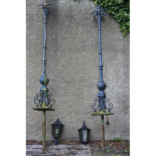 595 - A PAIR OF VICTORIAN CAST IRON AND WROUGHT IRON LAMP STANDARDS each with a baluster and knopped colum... 