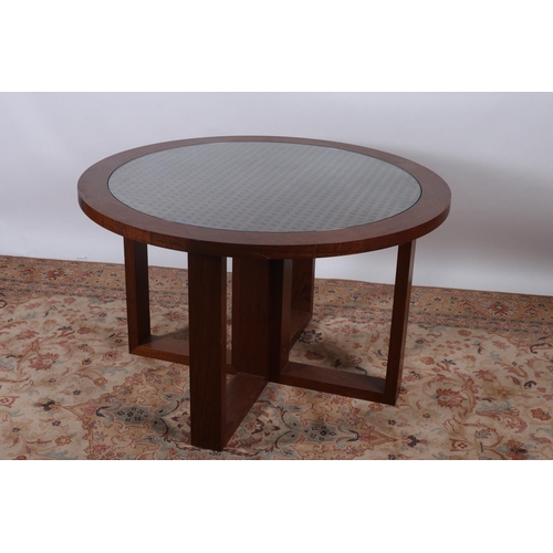 464 - A TEAK AND GLAZED TOP TABLE of circular outline with glaze and lattice work top on rectangular mould... 