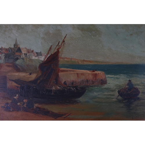 466 - ENGLISH SCHOOL 19TH CENTURY HARBOUR SCENE WITH SAILING BOATS AND FIGURES Oil on panel monogrammed lo... 