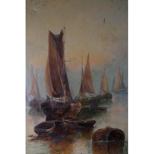 466 - ENGLISH SCHOOL 19TH CENTURY HARBOUR SCENE WITH SAILING BOATS AND FIGURES Oil on panel monogrammed lo... 