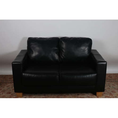 474 - A PAIR OF FAUX BLACK LEATHER TWO SEATER SETTEE with loose cushions on square tapering legs each one ... 