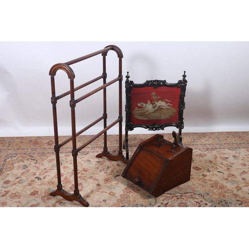 20 - A MAHOGANY FIVE BAR TOWEL RAIL together with a vintage mahogany slope front fuel bin and a needlewor... 