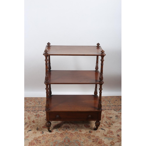 21 - A 19TH CENTURY MAHOGANY THREE TIER WHATNOT of rectangular outline each shelf joined by ring turned s... 
