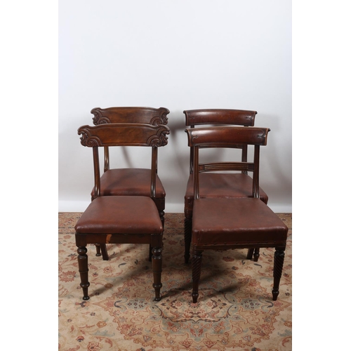 22 - A PAIR OF GEORGIAN MAHOGANY DINING CHAIRS each with a curved top rail and splat with upholstered sea... 