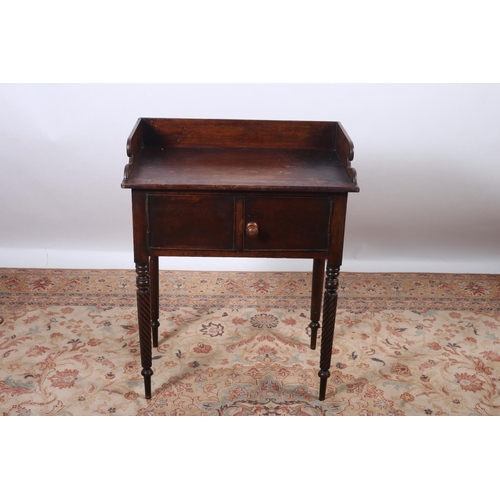35 - A 19TH CENTURY MAHOGANY SIDE TABLE of rectangular outline with moulded gallery above a pair of cupbo... 