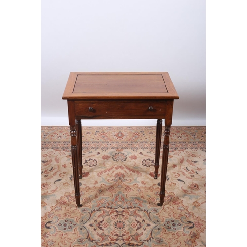 38 - A REGENCY DESIGN MAHOGANY TABLE of rectangular outline with frieze drawer on fluted tapering legs wi... 