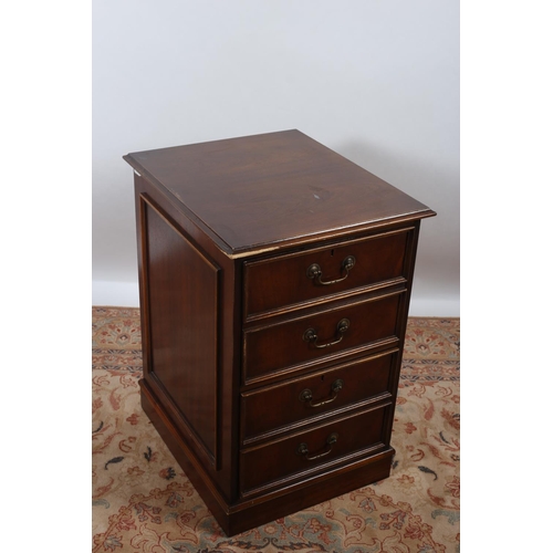 49 - A MAHOGANY FILING CABINET of rectangular outline the shaped top above two deep drawers with brass dr... 