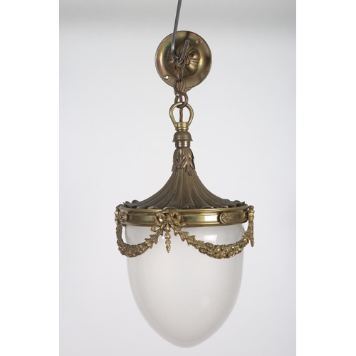 577 - A OPALINE AND GILT BRASS CENTRE LIGHT of ovoid tapering form hung with ribbon tied festoons 35cm dro... 