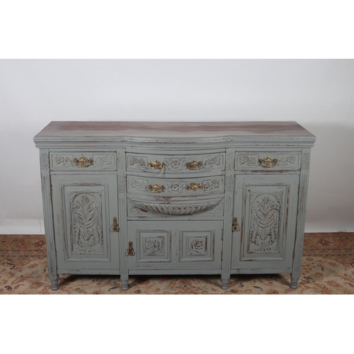 586 - A VINTAGE MAHOGANY AND BLUE PAINTED SIDE CABINET of rectangular bowed outline the shaped top with tw... 