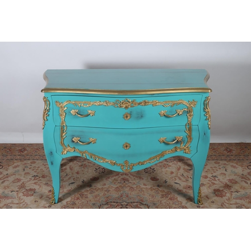 587 - A CONTINENTAL TURQUOISE PAINTED PARCEL GILT CHEST of bombe outline the shaped top above two long dra... 