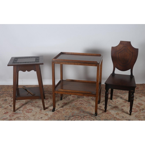 588 - A GEORGIAN MAHOGANY HALL CHAIR together with a vintage teak two tier trolley etc (3)