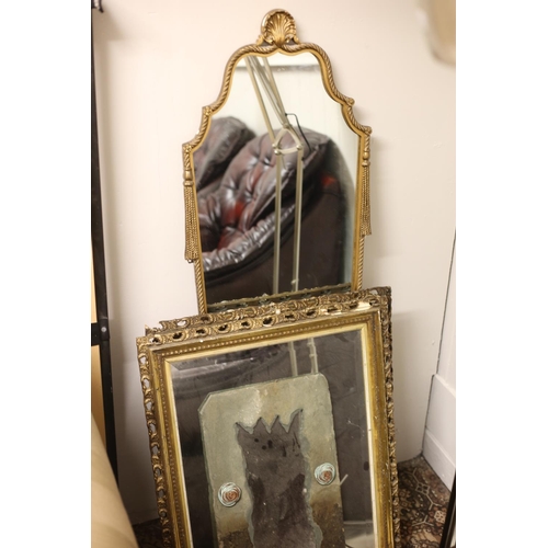 599 - A PAIR OF GILT FRAME MIRRORS together with a slate frame mirror with copper wire decoration etc (4)