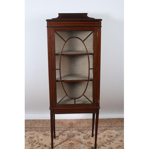 8 - A VINTAGE MAHOGANY AND SATINWOOD INLAID DISPLAY CABINET with astragal glazed door raised on square t... 