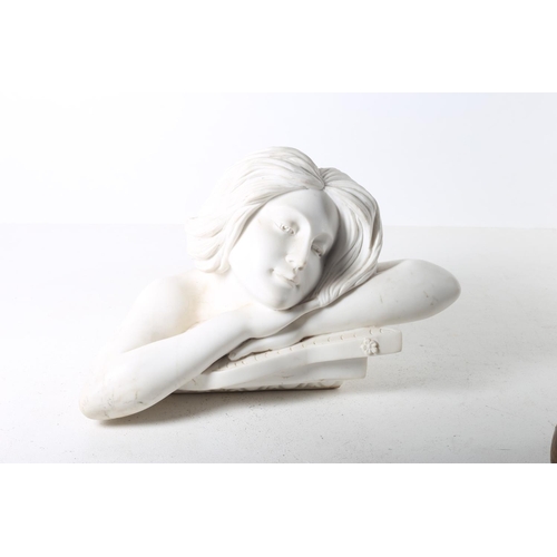 105 - A WHITE MARBLED FIGURE modelled as a head and shoulders bust of a female shown resting on her arms o... 