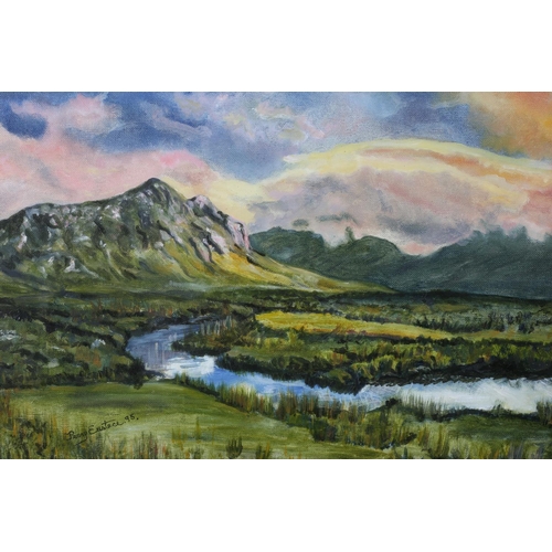 119 - PENNY EUSTACE MOUNTAIN LANDSCAPE WITH RIVER Oil on canvas signed lower left 38cm x 48cm