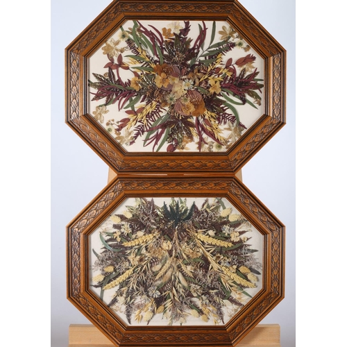 121 - STILL LIFE DRIED FLOWER ARRANGEMENTS in octagonal carved frames a pair 30cm x 40cm