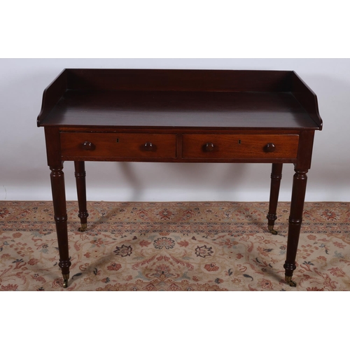 4 - A 19TH CENTURY MAHOGANY SIDE TABLE of rectangular outline with moulded gallery and two frieze drawer... 