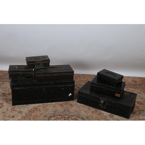 594 - A COLLECTION OF SEVEN BLACK METAL DEED BOXES AND CASH BOXES various sizes