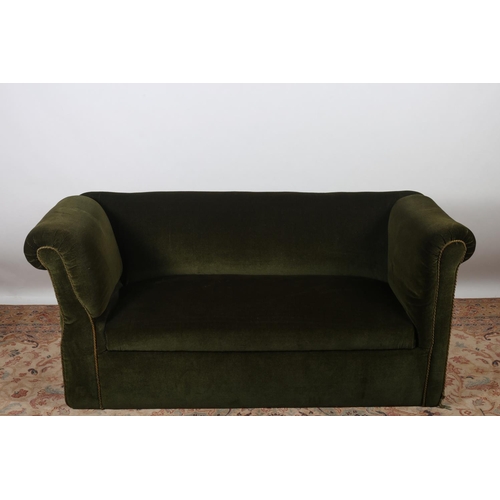 605 - A VICTORIAN DESIGN DROP END GREEN VELVET UPHOLSTERED SETTEE the rectangular back with scroll over ar... 