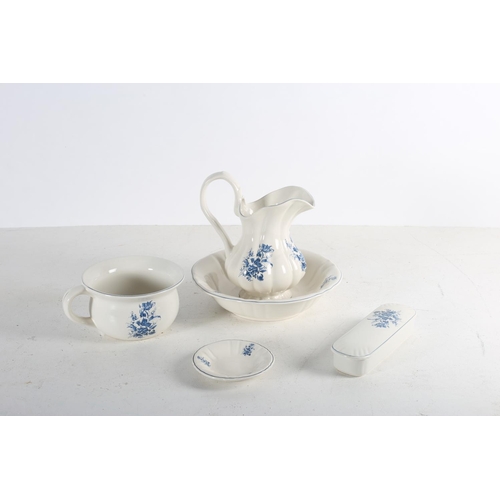 616 - A STAFFORDSHIRE IRONSTONE FIVE PIECE BLUE AND WHITE WASH BASIN SET comprising wash jug basin chamber... 