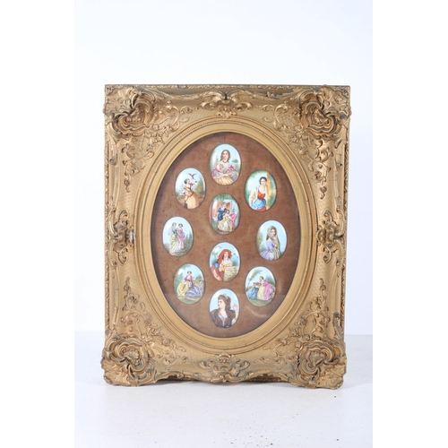 620 - TEN PORCELAIN PAINTED MINIATURES each of oval outline framed as one in ornate giltwood and gesso fra... 