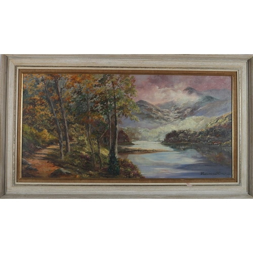 621 - PRUDENCE TURNER MOUNTAIN AND LAKE SCENE Oil on canvas signed lower right 55cm x 95