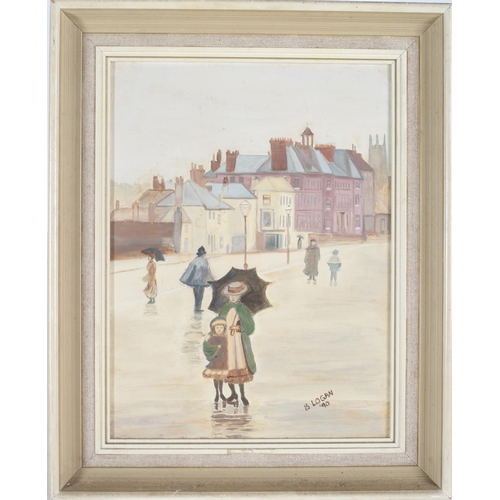 626 - B LOGAN DUBLIN STREET SCENE WITH FIGURES Oil on board signed lower right dated '90 30cm x 22cm