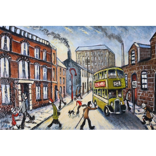 628 - MICHAEL TOBIN STOP THE BUS Oil on canvas signed lower left 28cm x 38cm