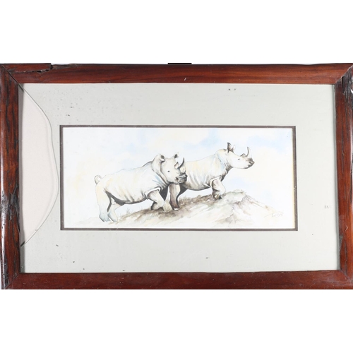 634 - TENDAI WHITE RHINOCEROSES ON A MOUNTAIN A watercolour signed lower right 24cm x 55cm in hardwood fra... 