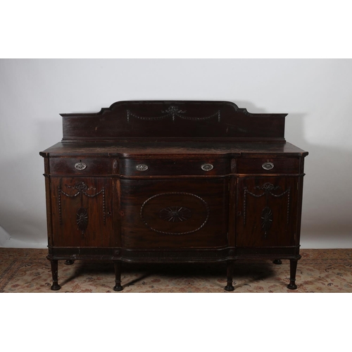 645 - A HEPPLEWHITE DESIGN MAHOGANY SIDEBOARD of rectangular bowed outline the shaped top with moulded bac... 