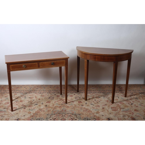 650 - A SHERATON DESIGN MAHOGANY SIDE TABLE of rectangular outline the shaped top with satinwood cross ban... 