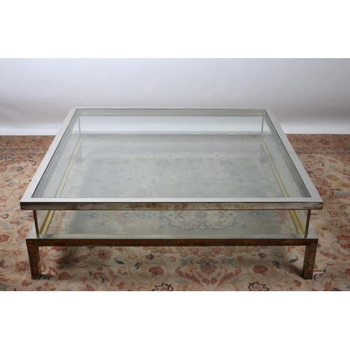 69 - A MID CENTURY DESIGNER WHITE METAL BRASS AND GLAZED COFFEE TABLE of square outline with sliding top ... 