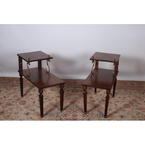 82 - A PAIR OF REGENCY DESIGN KINGWOOD AND GILT BRASS MOUNTED TWO TIER GRADUATED TABLES of rectangular ou... 