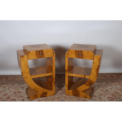 83 - A PAIR OF ART DECO DESIGN WALNUT LAMP TABLES each of rectangular shaped outline the stepped top with... 