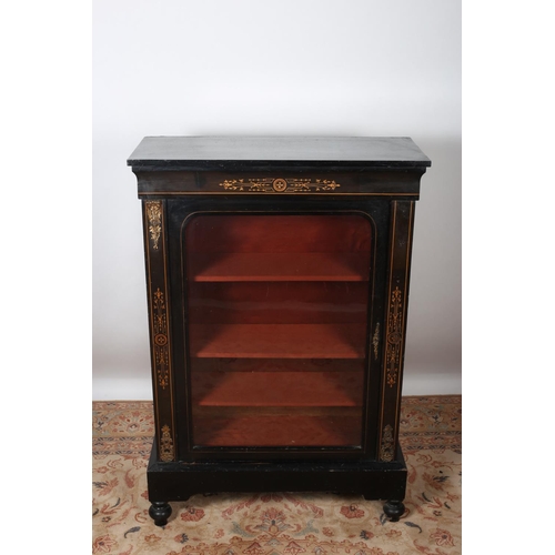 91 - A 19TH CENTURY EBONISED INLAID AND GILT BRASS MOUNTED DISPLAY CABINET of rectangular outline the sha... 