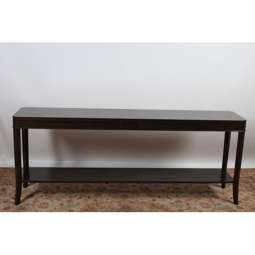 95 - A STAINED WOOD CONSOLE TABLE of rectangular outline with canted angles raised on square splayed legs... 