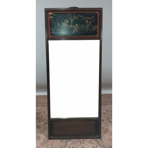 68 - AN ORIENTAL HARDWOOD AND LACQUERED MIRROR the rectangular bevelled plate with japanned panels depict... 