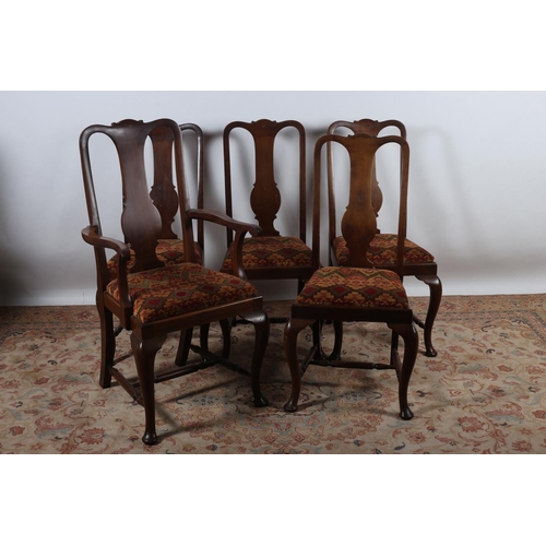 69 - A SET OF FIVE QUEEN ANNE DESIGN MAHOGANY DINING ROOM CHAIRS including an elbow chair each with a sol... 