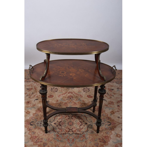 74 - A FINE 19TH CENTURY CONTINENTAL KINGWOOD MARQUETRY AND GILT BRASS MOUNTED TWO TIER GRADUATED TABLE o... 