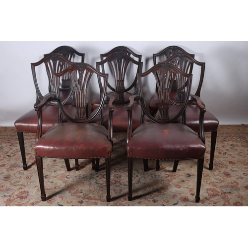 30 - A GOOD SET OF EIGHT GEORGIAN HEPPLEWHITE DESIGN DINING CHAIRS including a pair of elbow chairs each ... 