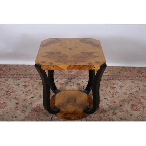 36 - AN ART DECO LAMP TABLE of square form joined by an undertier on square scroll legs