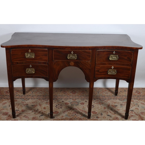 42 - A GOOD GEORGIAN MAHOGANY AND SATINWOOD INLAID SIDEBOARD of serpentine outline the shaped top above f... 