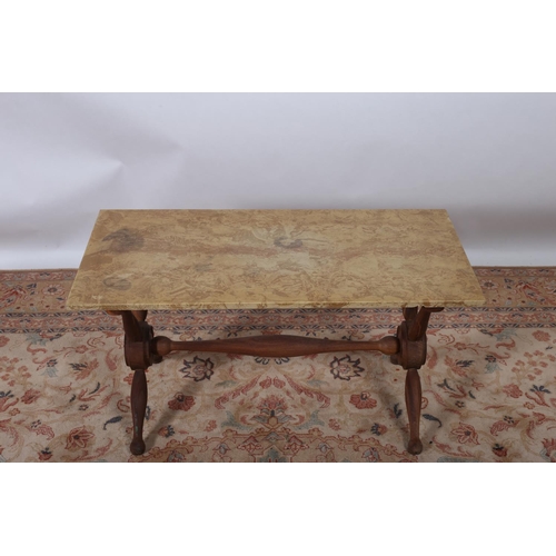 72 - A SIMULATED MARBLE TOP COFFEE TABLE of rectangular outline raised on a teak base with baluster legs ... 