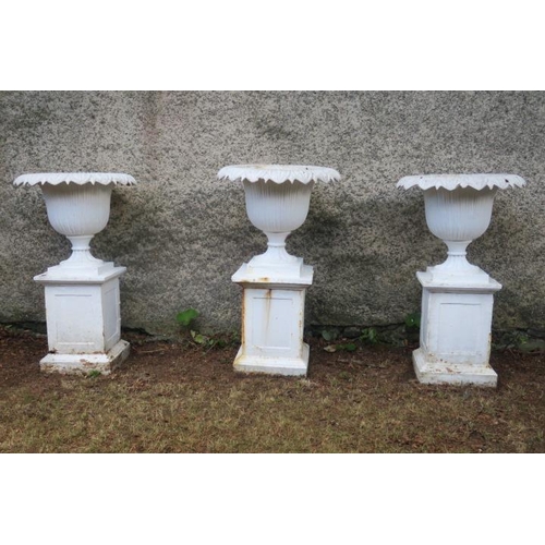 801 - A PAIR OF 19TH CENTURY CAST IRON GARDEN URNS each of semi-lobed campana form above a circular spread... 