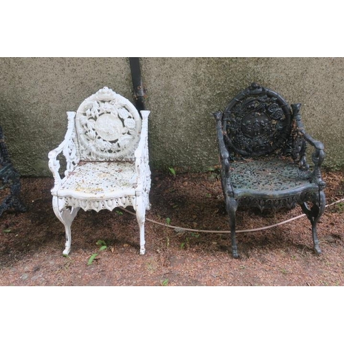 810 - A FINE AND IMPRESSIVE SET OF FOUR COALBROOKDALE DESIGN CAST IRON GARDEN CHAIRS each depicting a seas... 