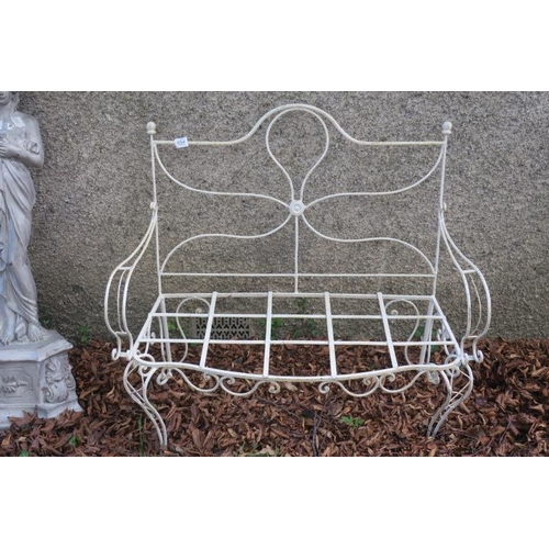 823 - A WROUGHT IRON TWO SEATER GARDEN SEAT with scroll work back and slatted seat on splayed legs 105cm (... 