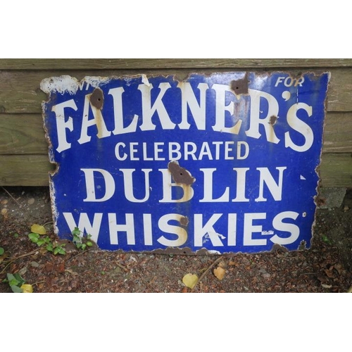 847 - A VINTAGE ENAMEL WALL SIGN inscribed Falkner's Celebrated Dublin Whiskies 56cm x 84cm